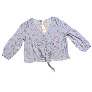 Alya by Francesca's Floral Tie-Front Romantic Fall Boho Crop Top, Blue, S New